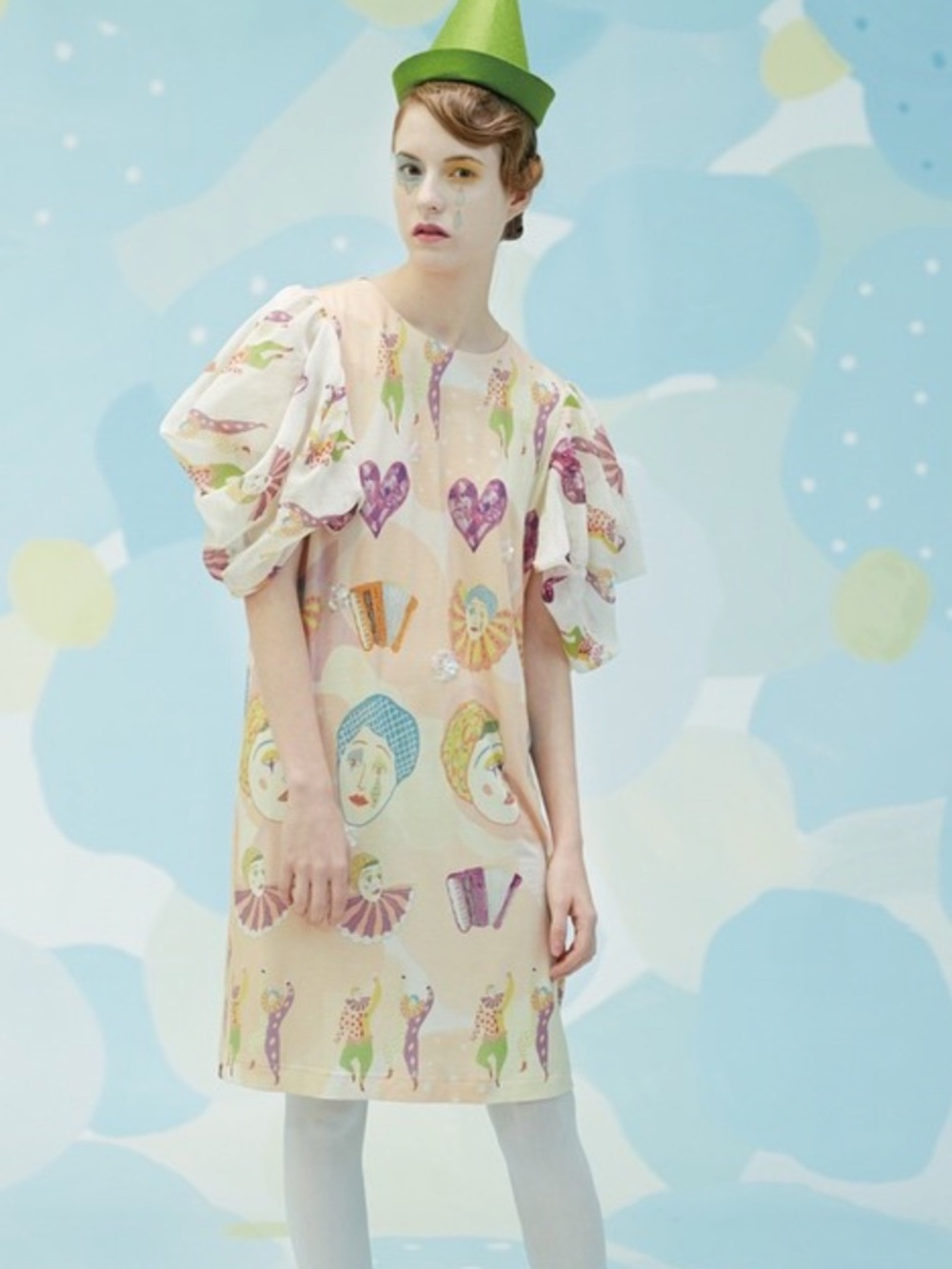 UNLOGICAL POEM RARE Jersey Knit Puff Chiffon Sleeve Clown Accordion Circus Dress
